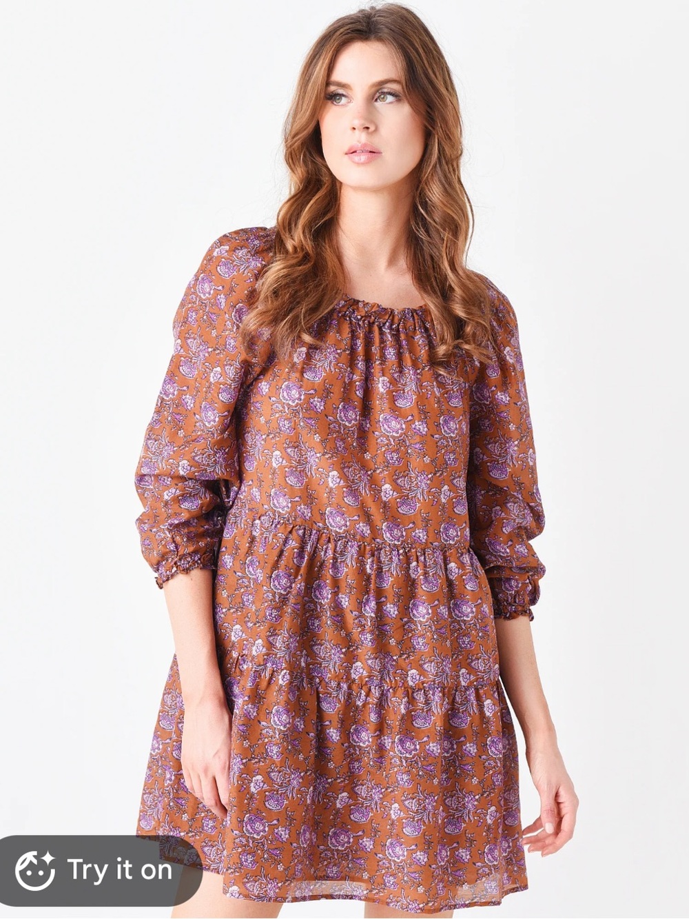 Xirena Brown Floral Tiered Maxi Lea Dress Small Boho Long Sleeve Block Print